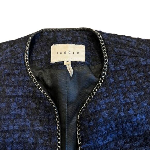 Sandro Paris Wool & Leather Blue Marine Black Knit Jacket w/ Chain Size 36 /US 4 - Picture 6 of 8
